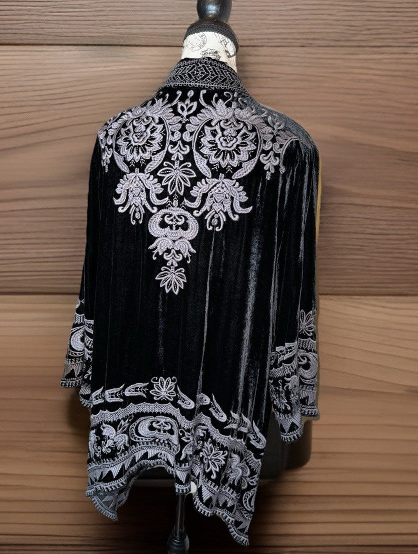 Johnny Was XL Black Velvet Kimono Duster  Cardigan Embroidery Handkerchief Hem Johnny Was