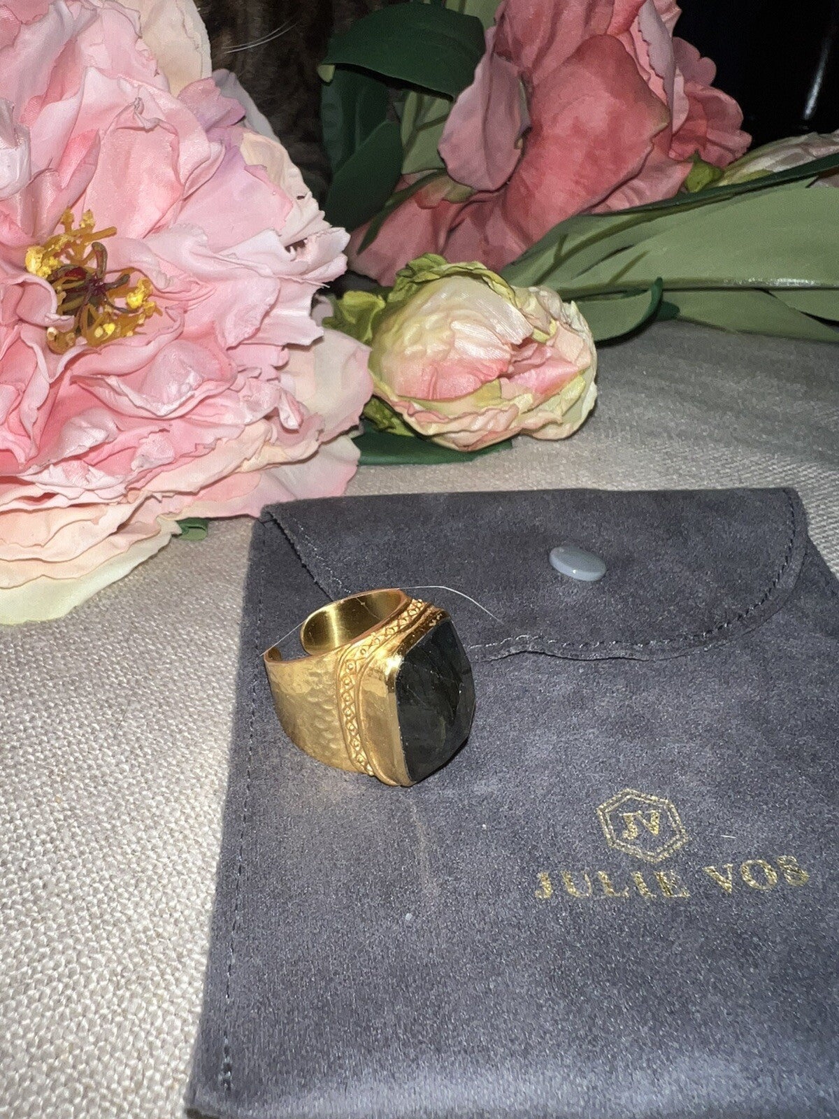 Julie Vos Sz 9 Cuff Ring ADJUSTABLE Real Labradorite & 24k Gold Plated Julie Vos