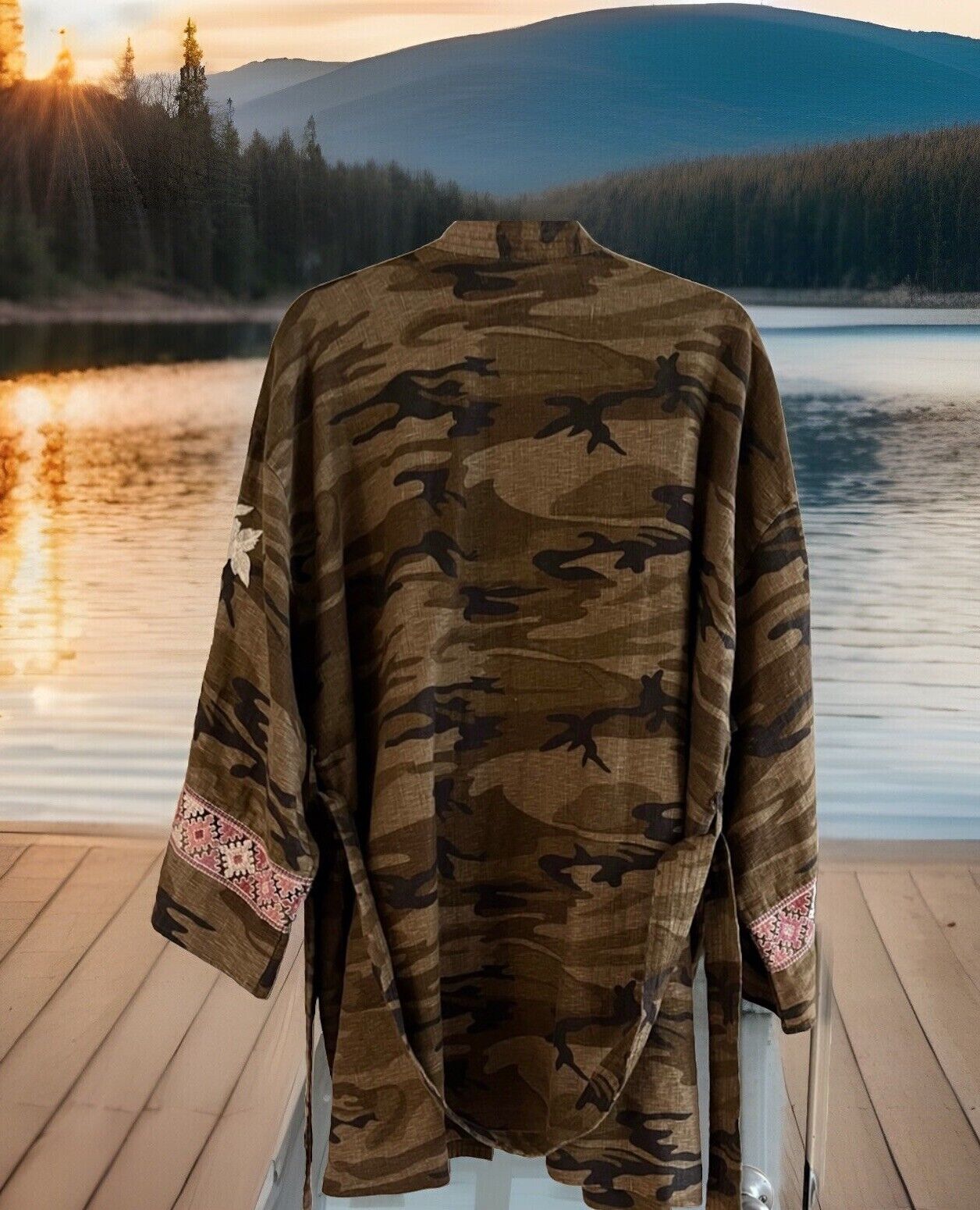 Johnny Was Linen Camo  Embroidered Kimono Sz XXL  2x Top Wrap Jacket