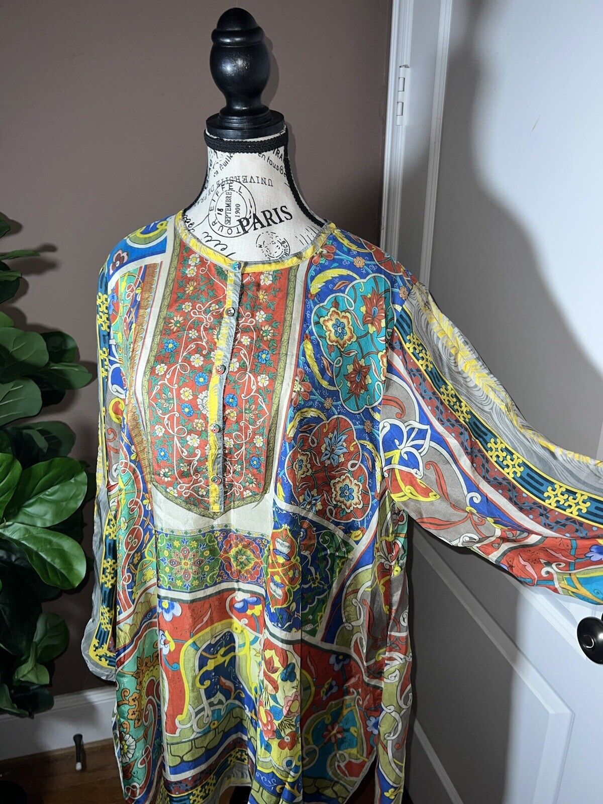 Johnny Was 100% Silk Long Sleeve Tunic Top Button Up Blouse Kimono Sz XL 1X 1XL