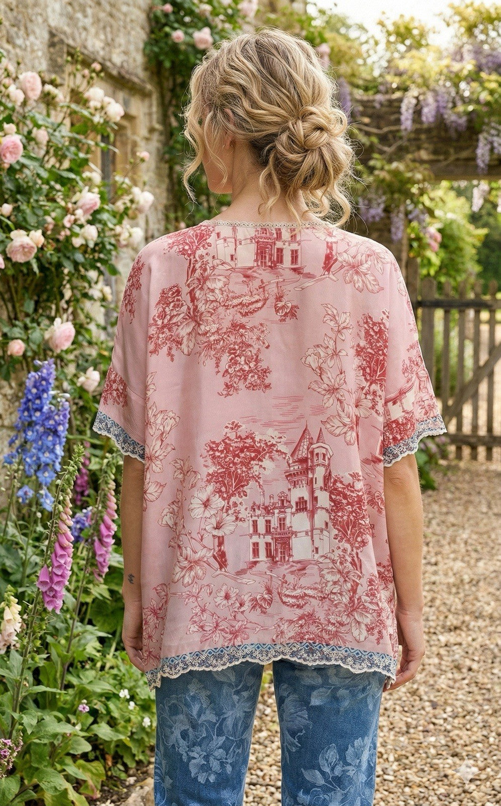 Johnny Was XL Pink & White 100% Silk Blouse Top Tunic Shirt Toile Lace Johnny Was