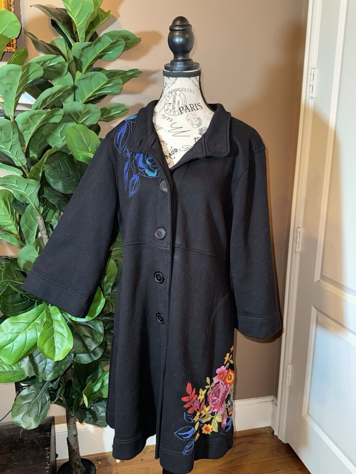 Johnny Was Military Trench Coat Jacket Sz XL 1X Black W/ Embroidery  Soft