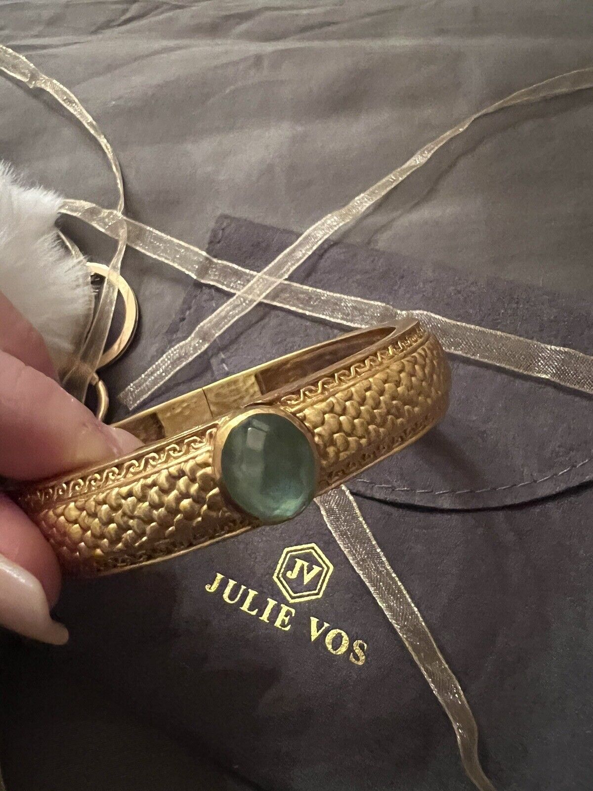 Julie Vos Hinged Bangle with Bahamian Blue Stone & 24k Plated  RETIRED