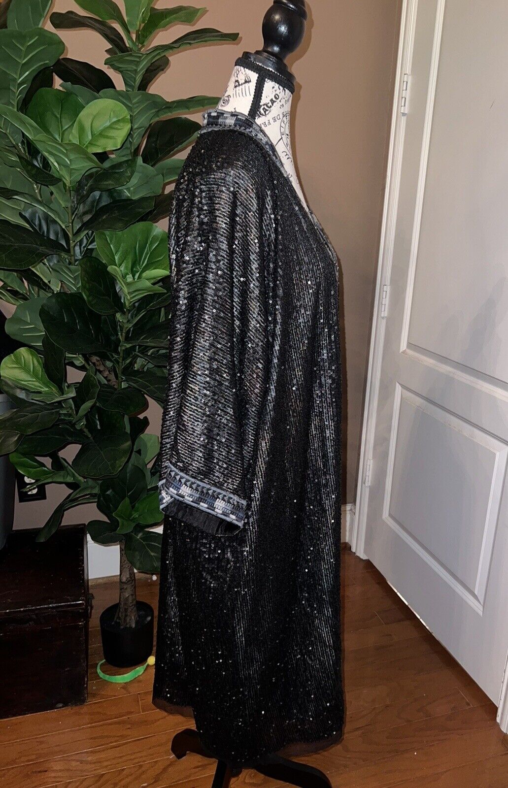 Johnny Was XL Long Silk & Sequin Black KIMONO Duster Wrap REVERSIBLE OVERSIZ