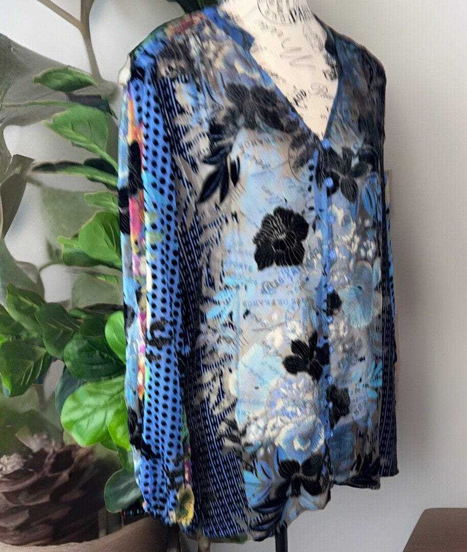 Johnny Was XL Blue Burnout Velvet Button Up Tunic Top Blouse Shirt *No Cami Johnny Was