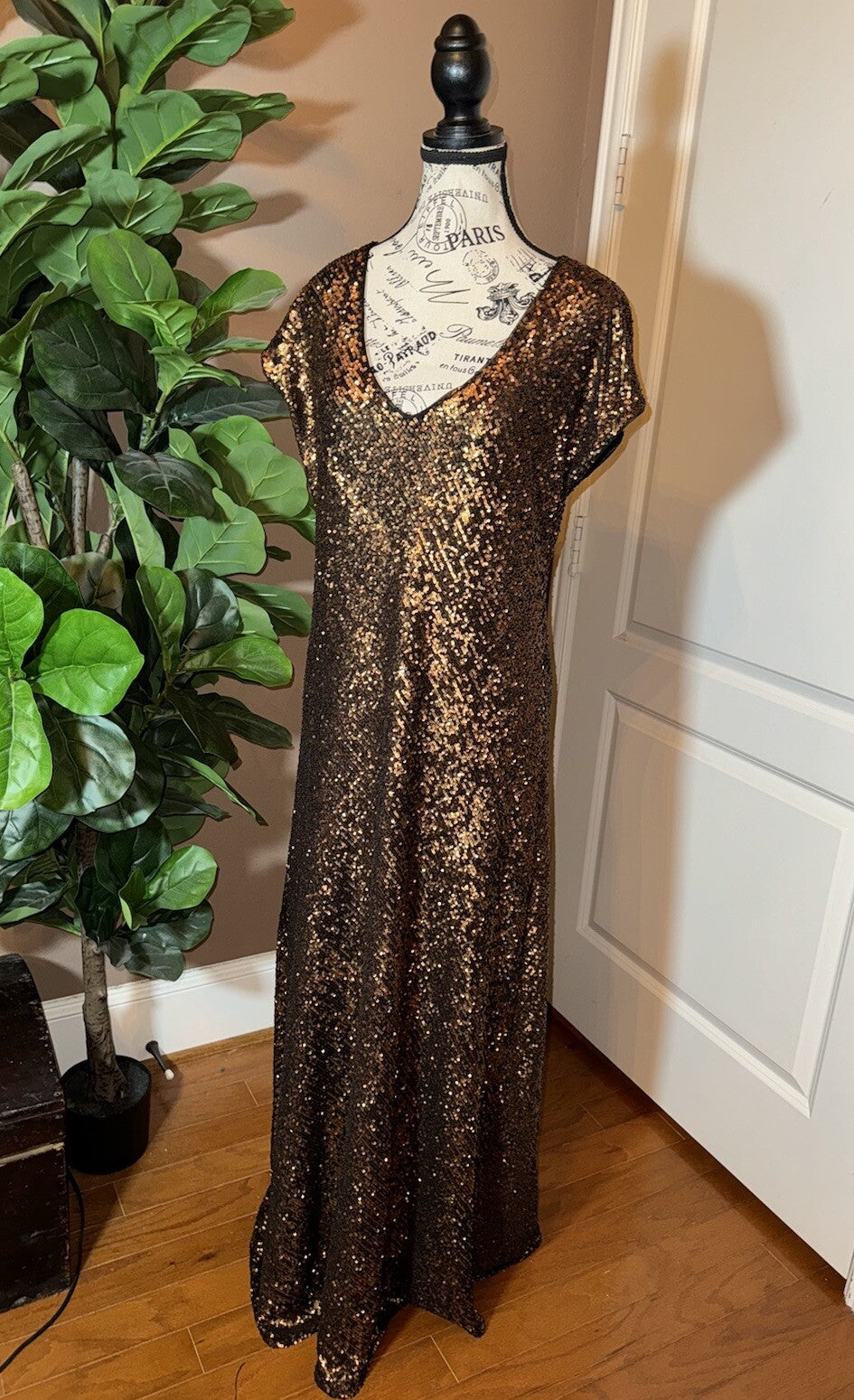 Johnny Was Gold L Large Sequin Maxi Dress Long Flowy Mesh Slip Sequins Party Johnny Was