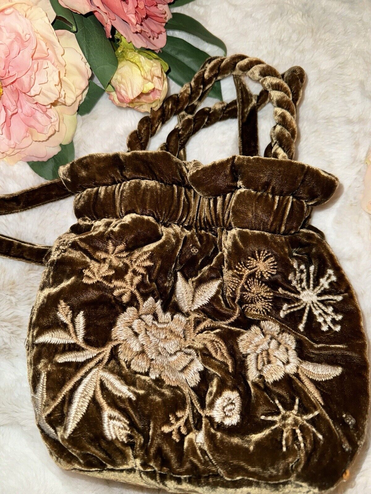 Johnny Was Gold Brown Velvet Embroidered Hobo Bucket Bag Tote Purse Crossbody