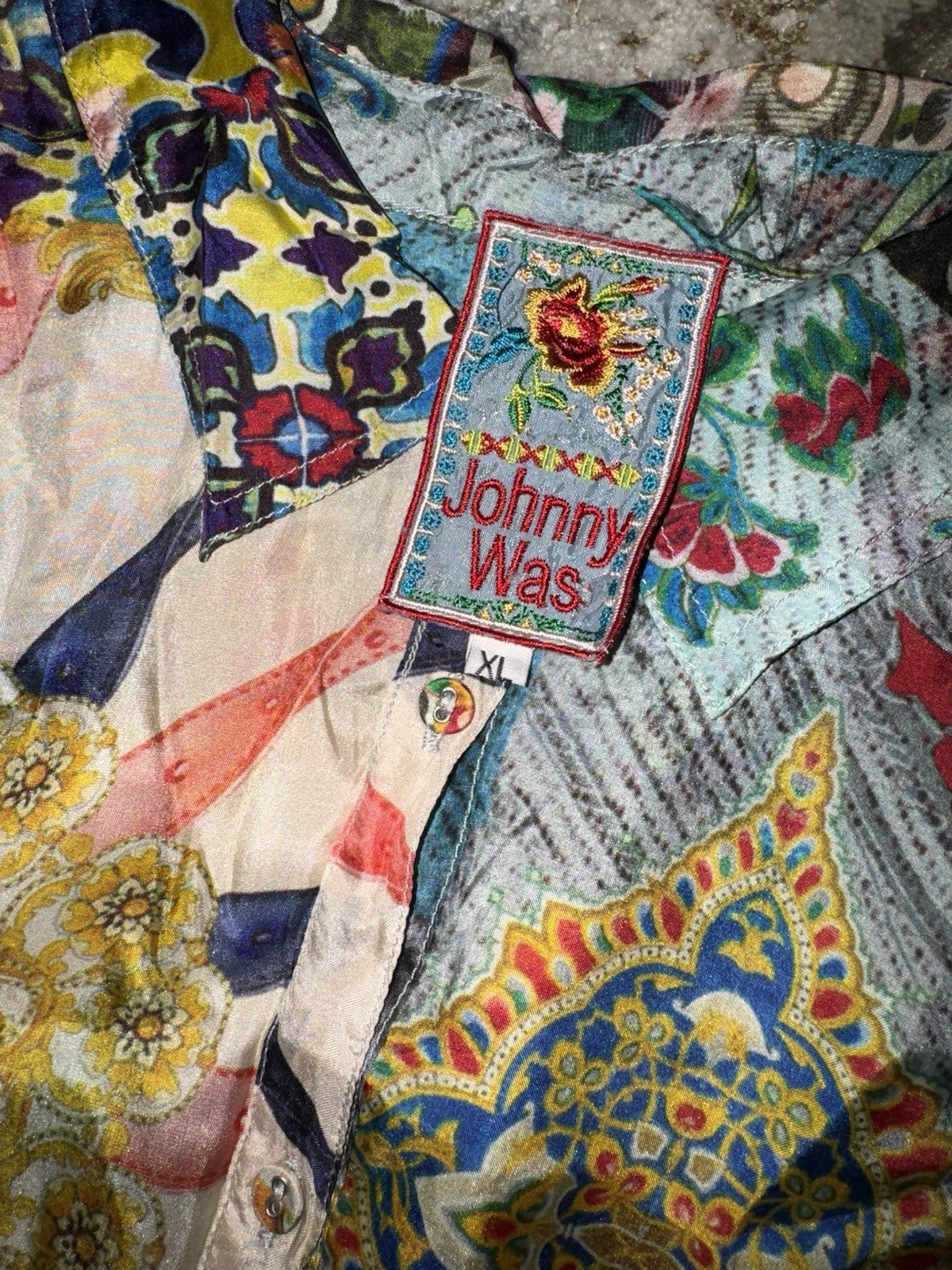 Johnny Was XL 100% Silk Button Up Blouse Long Sleeve Tunic Top Shirt Lightweight Johnny Was