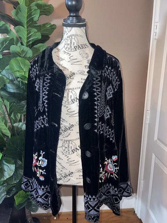 Johnny Was Black Velvet W Embroidery Button Up Kimono Jacket Coat 1X 1XL