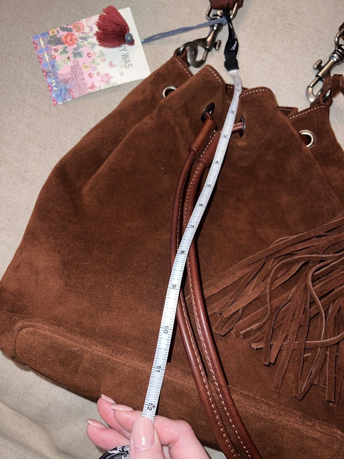 Johnny Was Brown Suede Leather Tote Bag Purse Crossbody Hobo Tassels