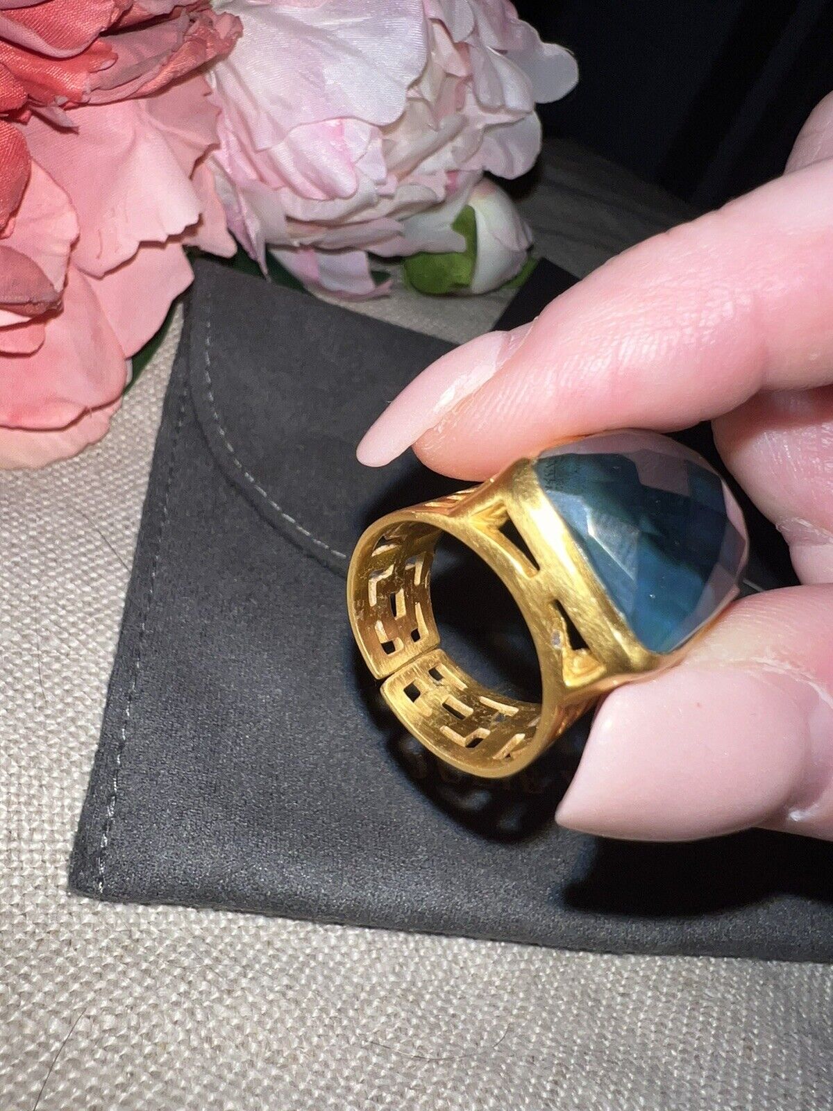 Julie Vos Iridescent Blue Statement Ring Sz 8 ADJUSTABLE 24k Gold Plate