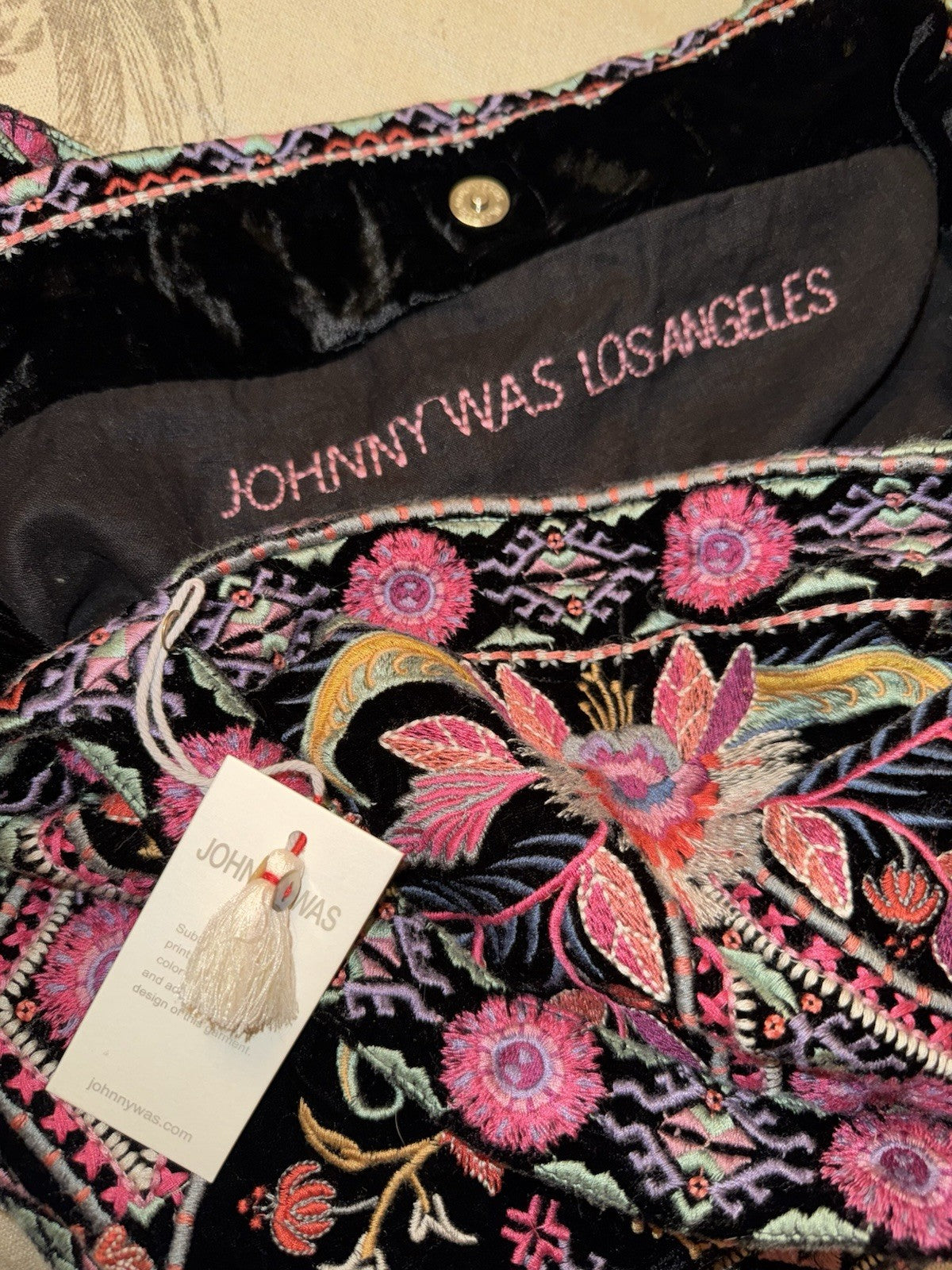 Johnny Was Large Black Velvet Hobo Bag Tote Purse Embroidered Crossbody Johnny Was