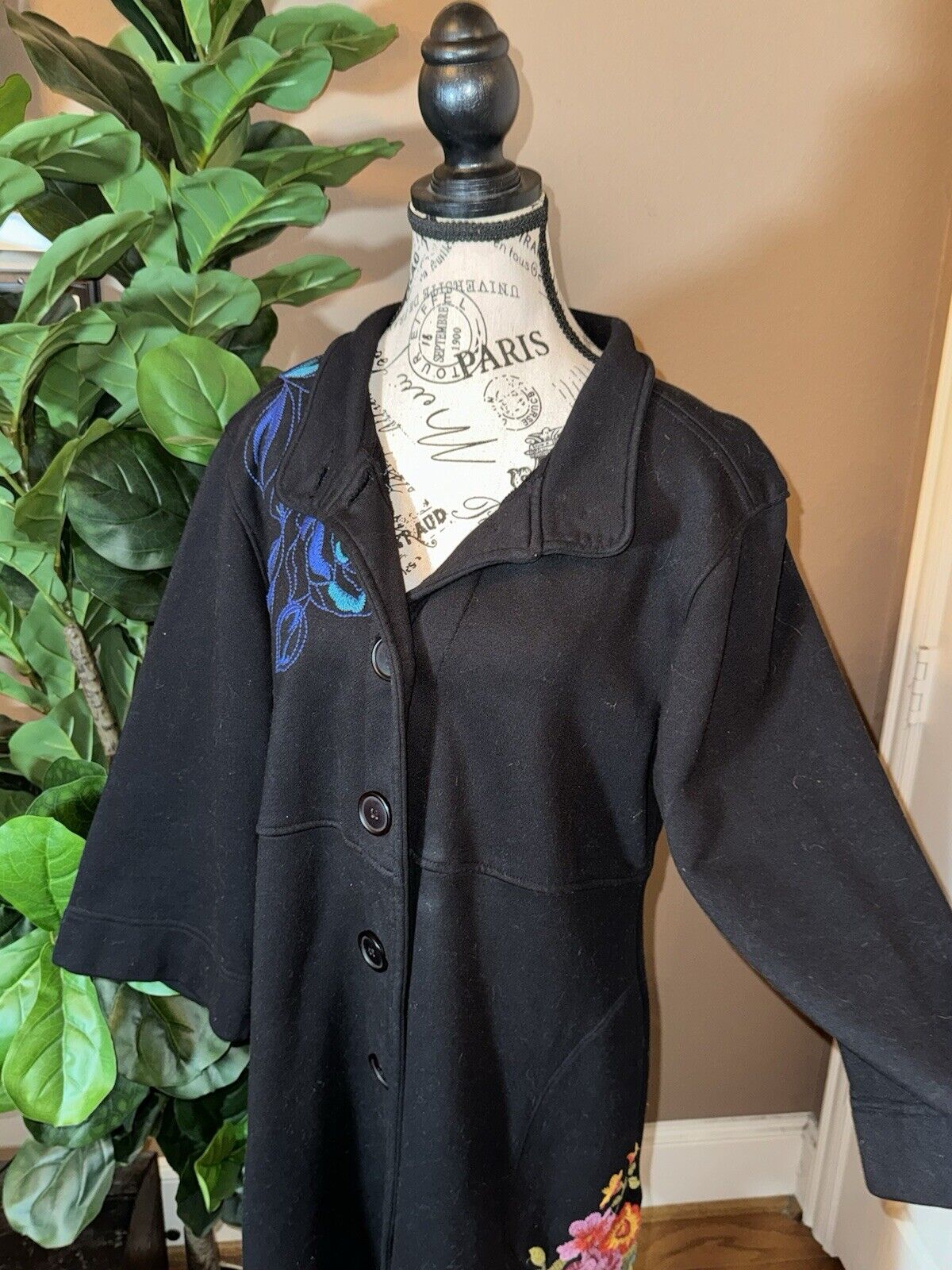 Johnny Was Military Trench Coat Jacket Sz XL 1X Black W/ Embroidery  Soft