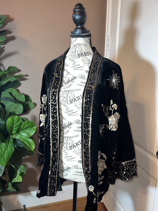 Johnny Was Black & Gold Velvet W/ Sequins & Silk Lining Kimono Jacket 1X