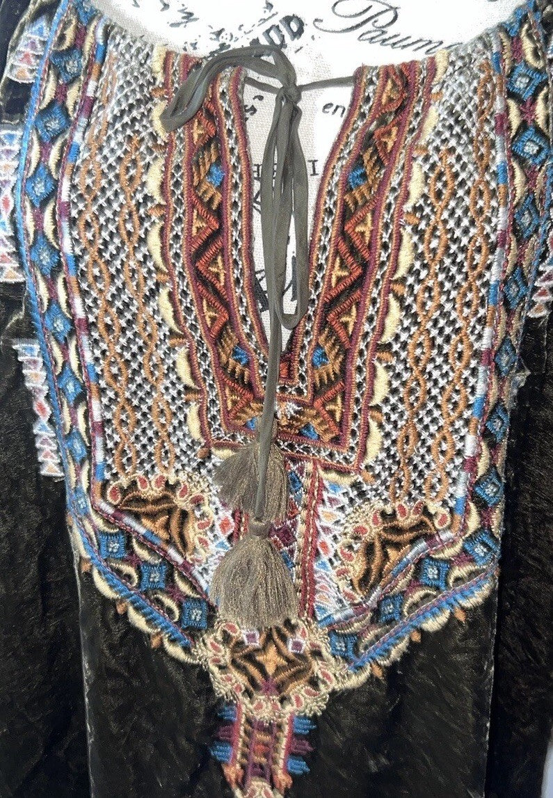 Johnny Was XL Olive Brown Velvet Peasant Blouse Embroidered Tunic Top Mini Dress Johnny Was