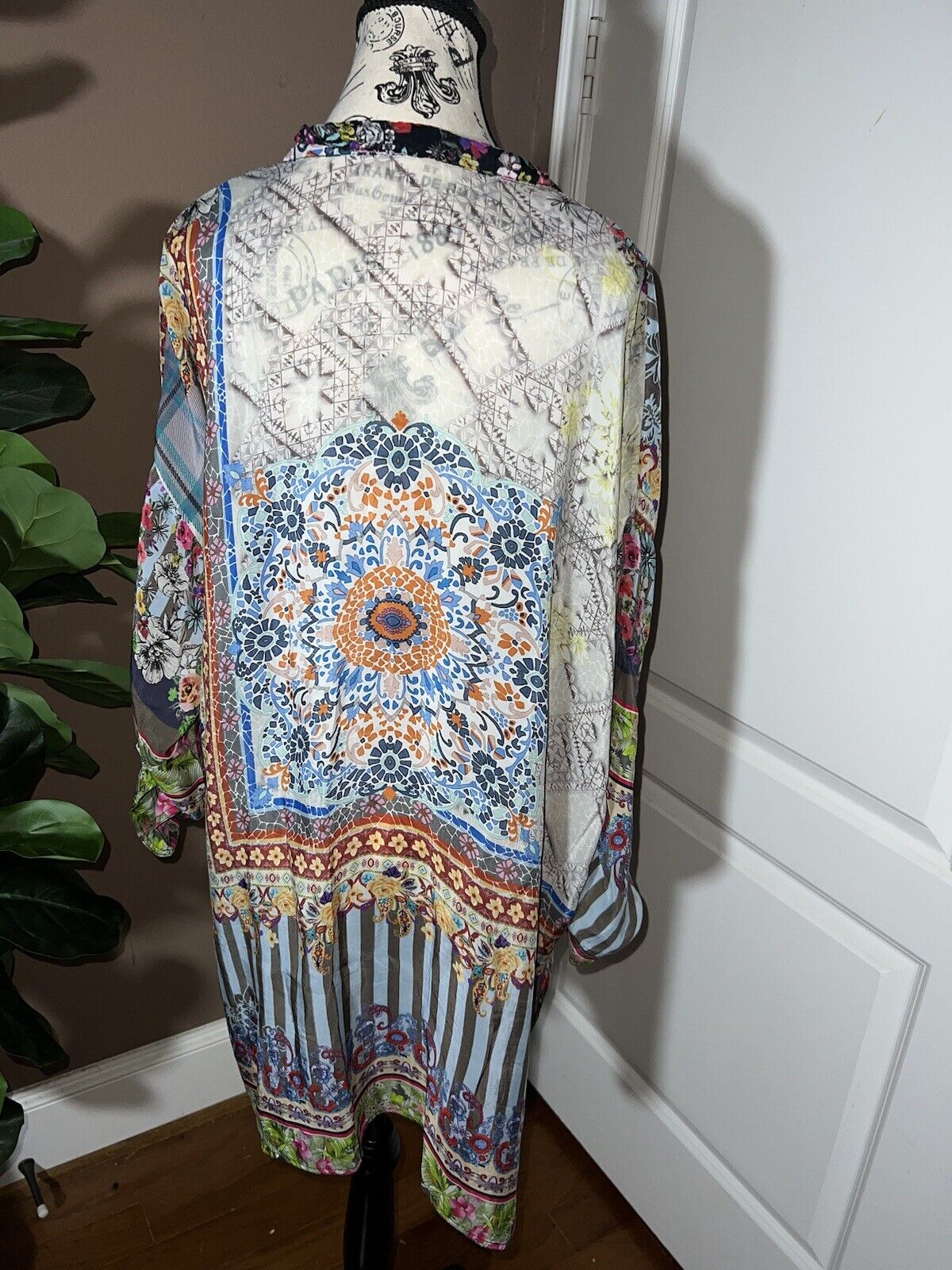 Johnny Was Silky Floral Patchwork Button Up Long Sleeve Tunic Top L  Kimono