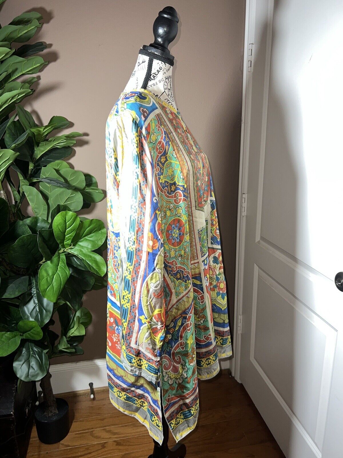 Johnny Was 100% Silk Long Sleeve Tunic Top Button Up Blouse Kimono Sz XL 1X 1XL