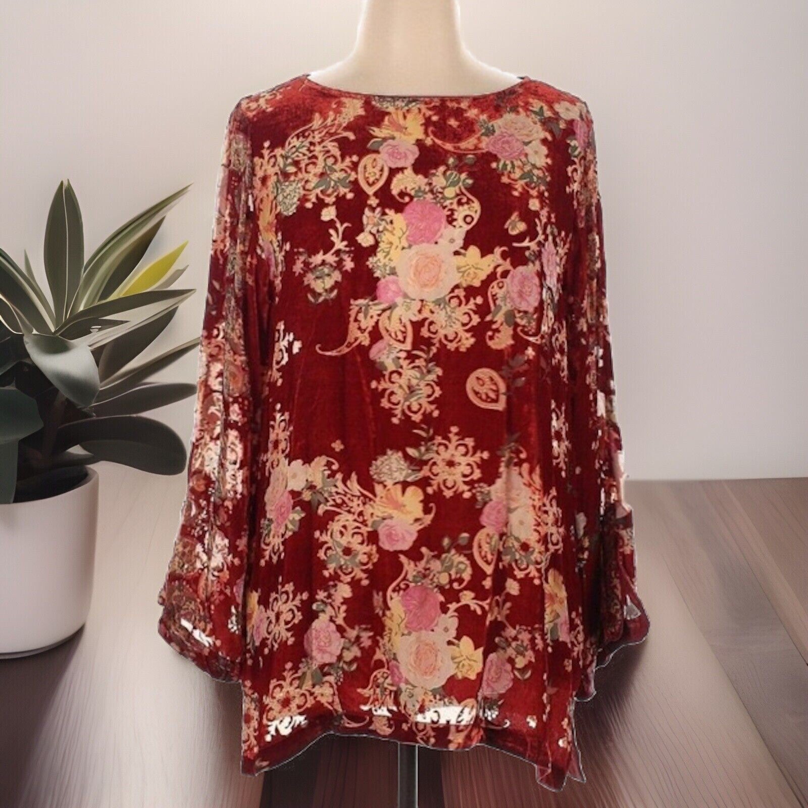 Johnny Was XL Red Burnout Velvet & Silk Tunic Top Peasant Blouse Shirt Johnny Was