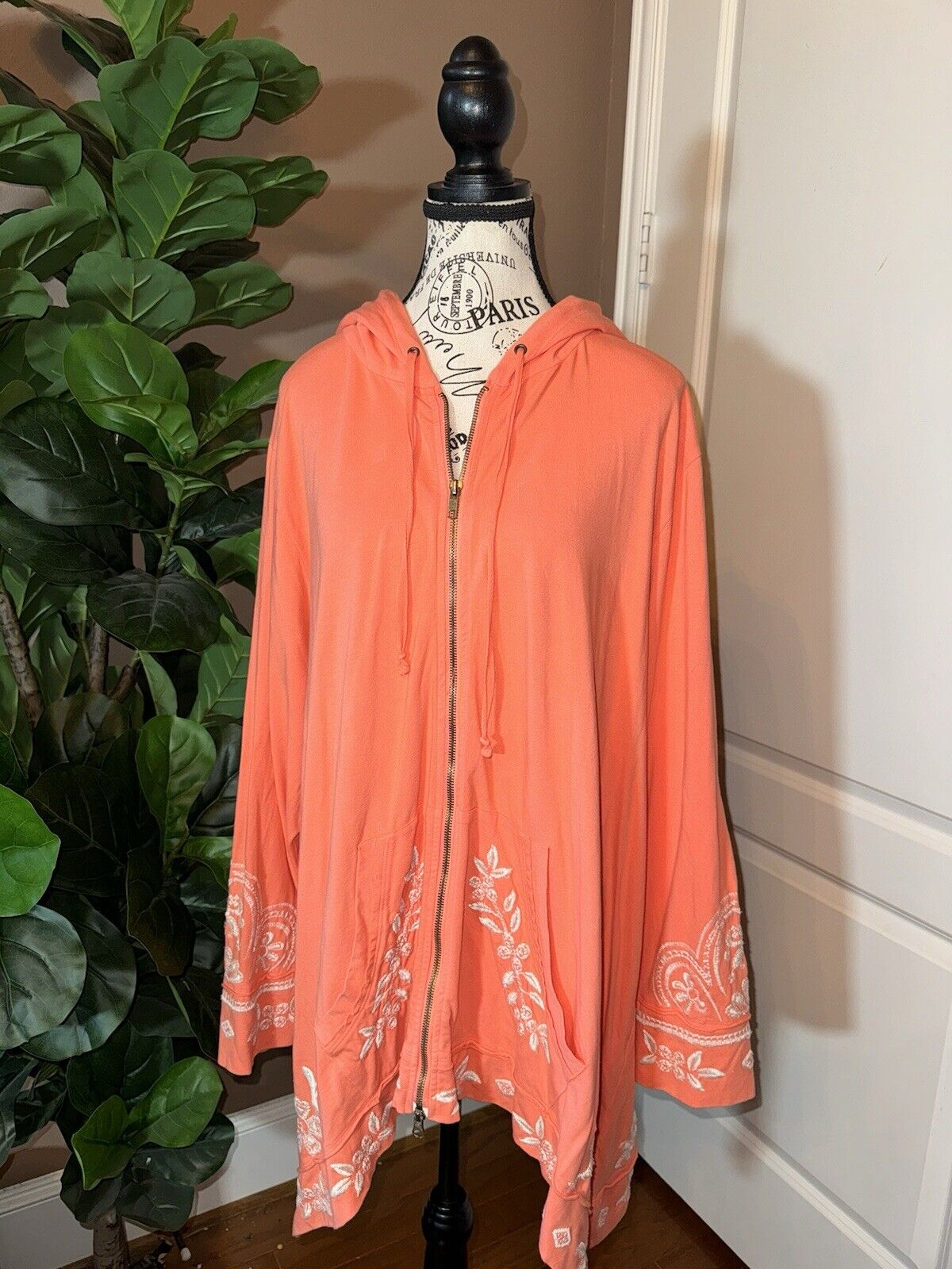 Johnny Was 3X 3XL Coral Zip Up Hoodie Jacket Kimono Embroidered Windbreaker