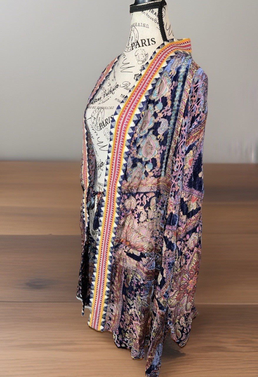 Johnny Was M Medium Burnout Velvet Kimono Duster Wrap Cardigan Jacket Purple Johnny Was