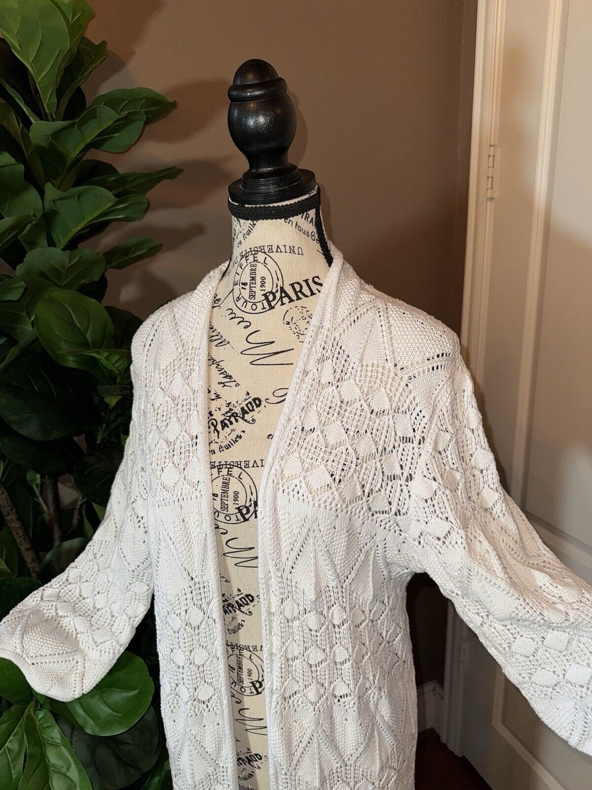 Johnny Was White Crochet Long Kimono XL 1X 1XL  Duster Cover Up Wrap