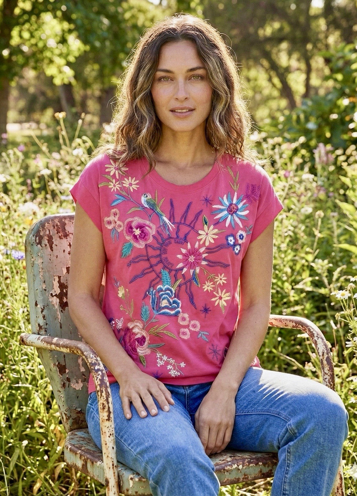 Johnny Was S Small Pink Cap Sleeve Tee T-Shirt Embroidered Bohemian *FLAWS* READ Johnny Was