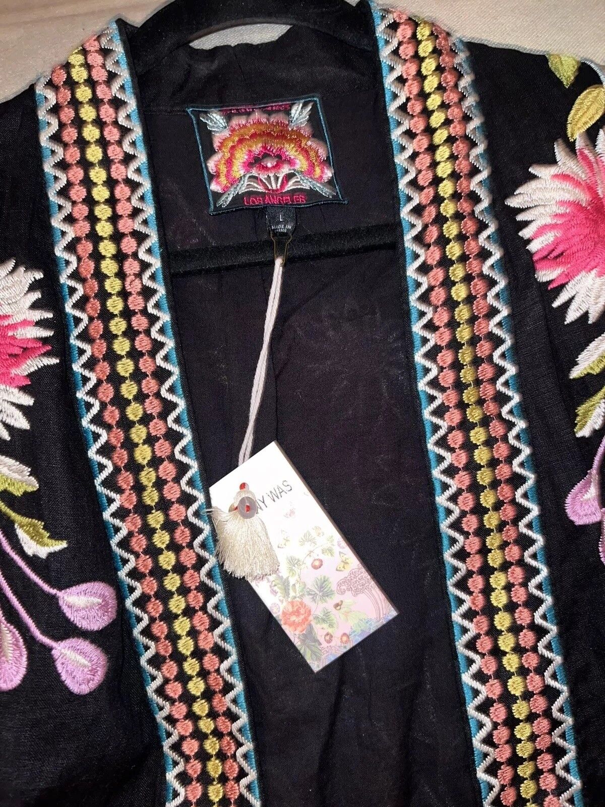 Johnny Was L Large Linen Long Kimono Duster Black Floral Embroidered