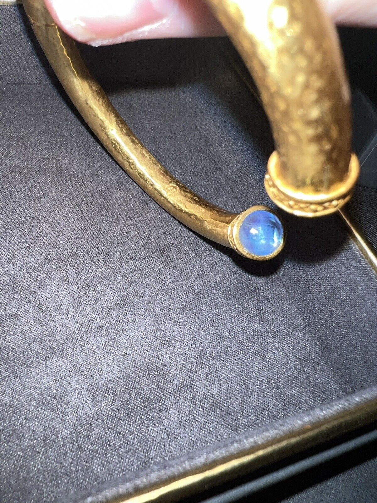 Julie Vos Hinged Bangle Bracelet Blue Iridescent Glass 24k Gold Plated