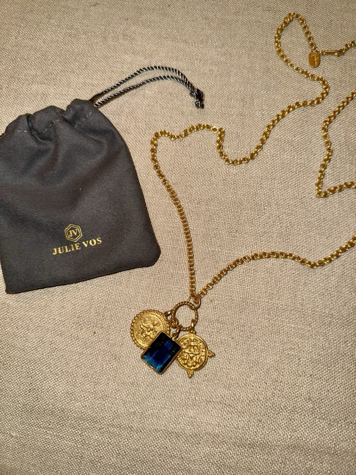 Julie Vos Necklace Sapphire Blue Glass & Gold Coin Pendant 24k Plated RETIRED Julie Vos