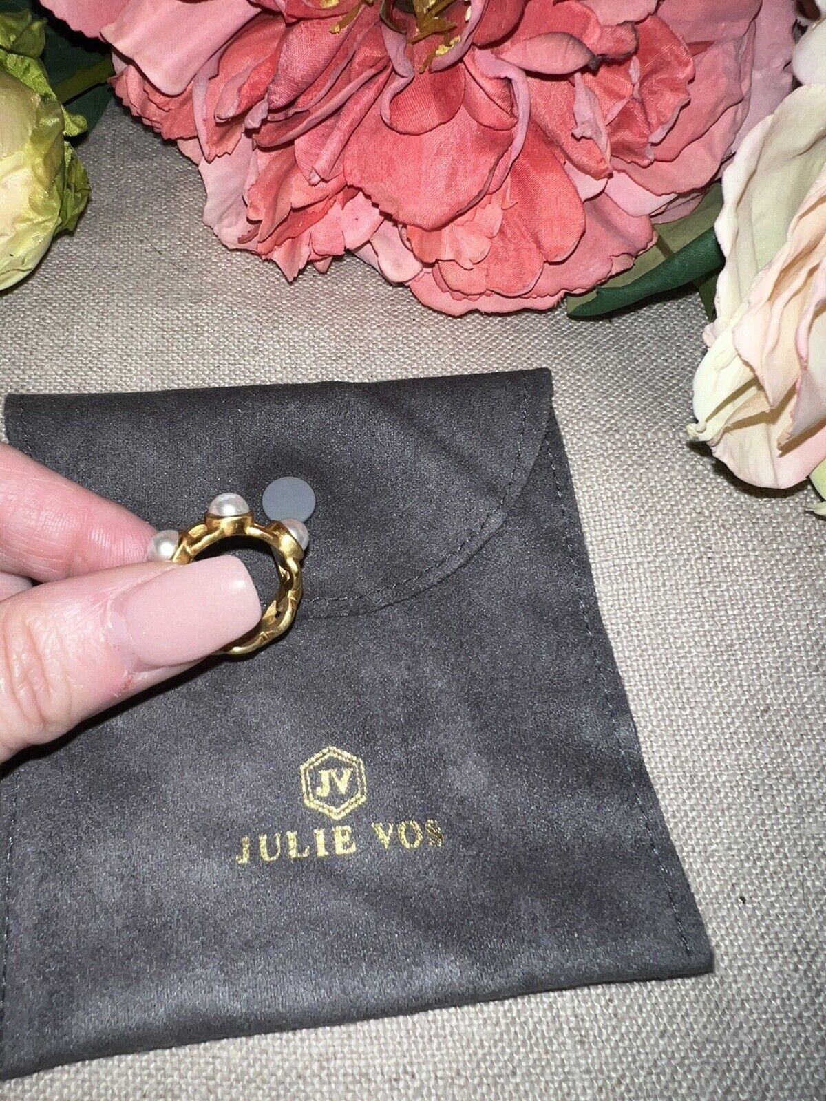 Julie Vos 3 Pearl Ring 24k Gold Plate Sz 7 Beautiful