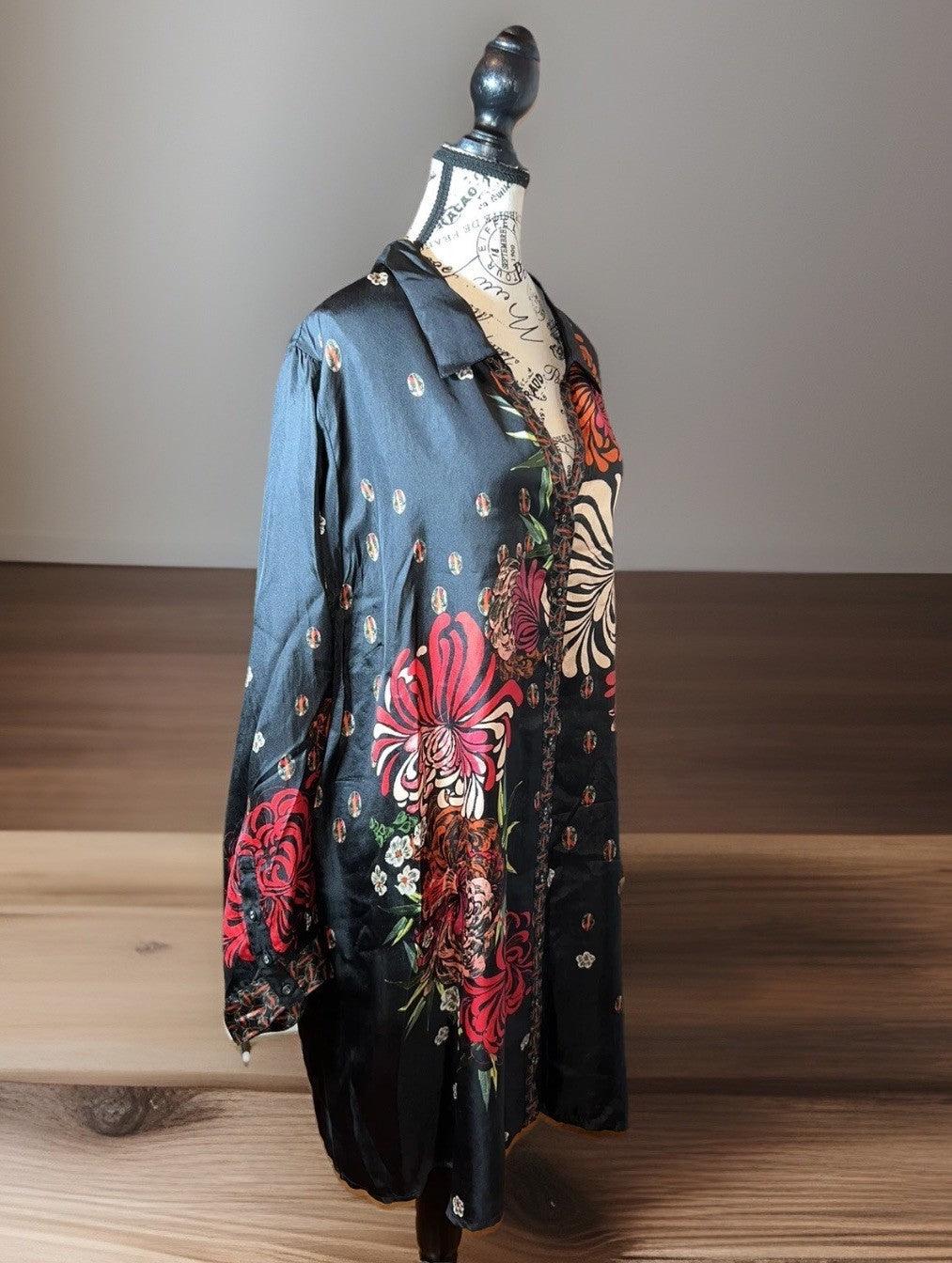 Johnny Was XL 100% Silk Black & Red Floral Blouse Button Up Tunic Top Mini Dress Johnny Was