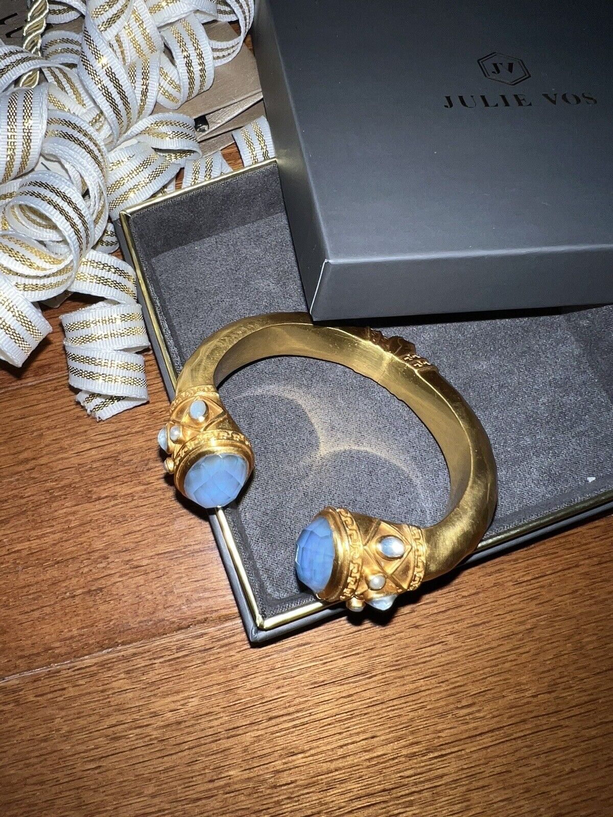 NEW Julie Vos Hinged Bangle Cuff Bracelet 24k Plate With Iridescent Blue/Pearl