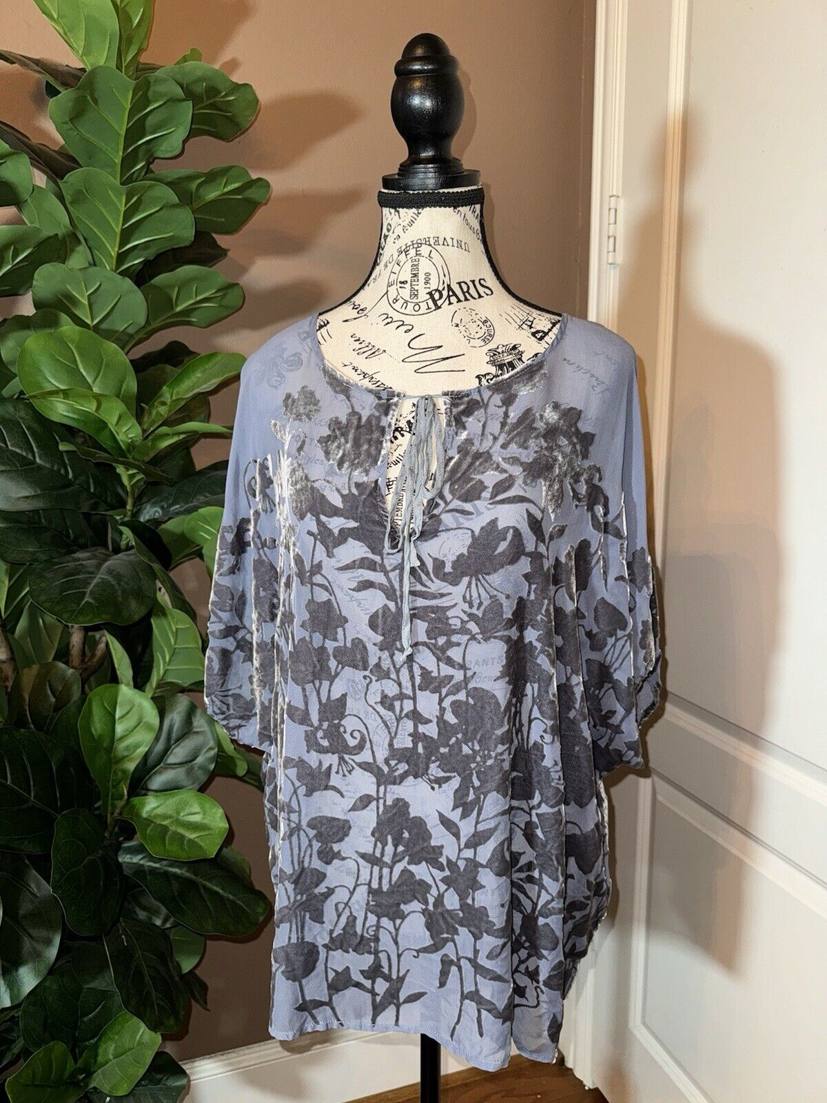 Johnny Was L Large Soft Blue Velvet Burnout  Tunic Top Blouse