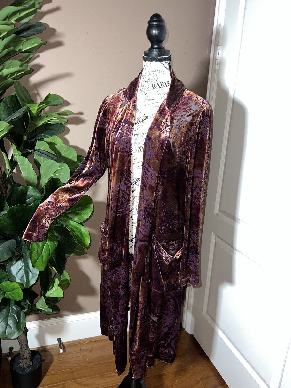 Johnny Was Large Burnout Velvet Long Kimono Duster Wrap Burgundy Wine Jacket