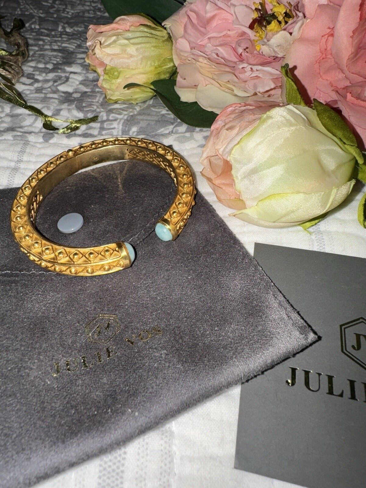 Julie Vos Cuff Hinged Bangle Bracelet 24k Gold Plate & Turquoise Blue Stone RARE