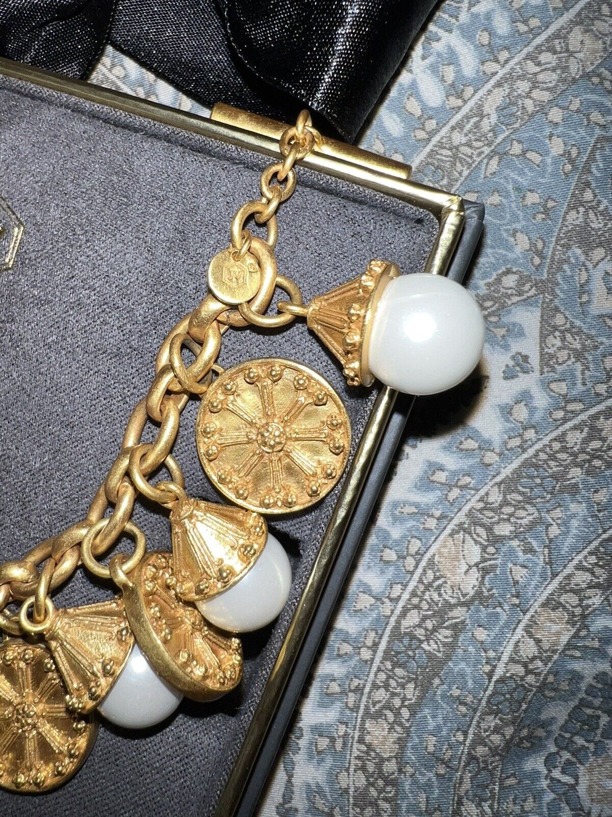 Julie Vos Pearl & Medallion Charm Link Bracelet Toggle 24k Gold Plated