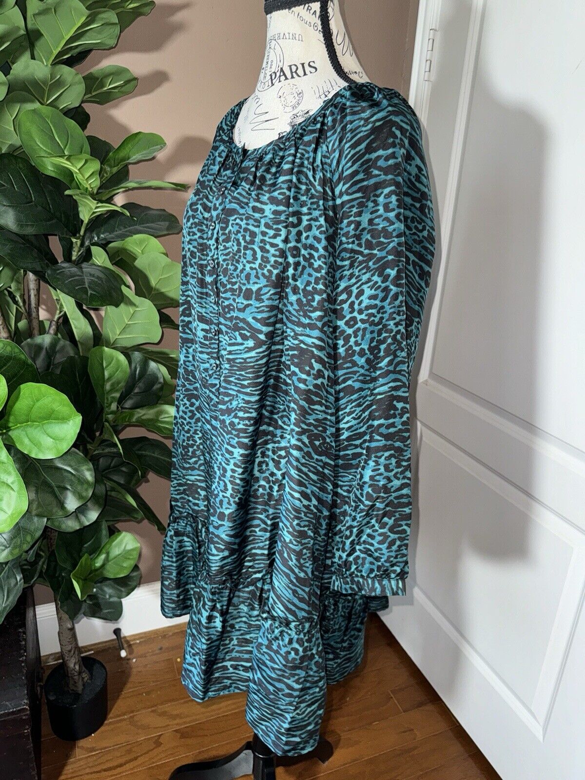 Johnny Was L Large 100% Silk Mini Dress Babydoll Tunic Top Teal Green