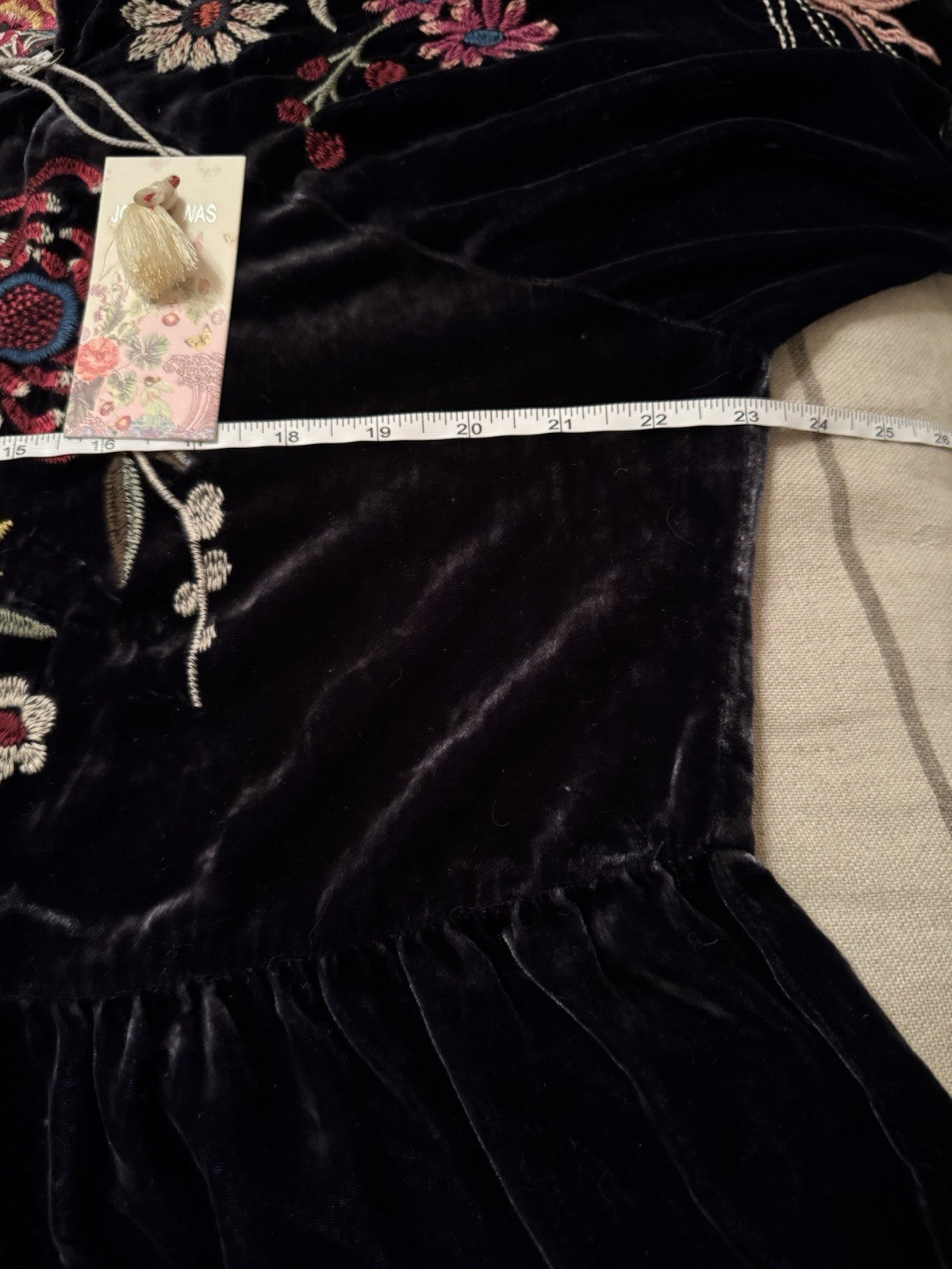 JOHNNY WAS XL Dark Midnight Blue Velvet Midi Dress Tiered Embroidered Maxi Johnny Was