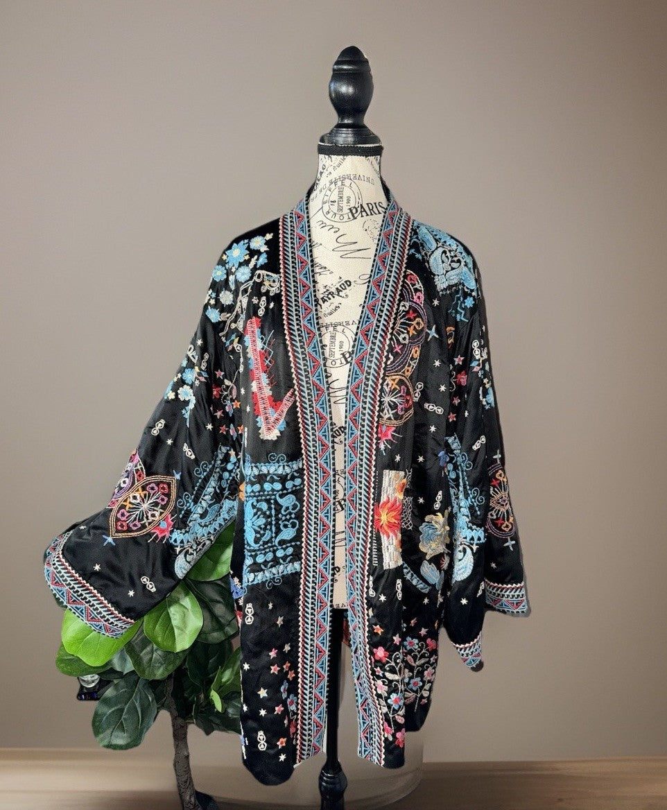 Johnny Was XL 1X Reversible KIMONO Jacket Coat Wrap Duster Embroidery STUNNING Johnny Was
