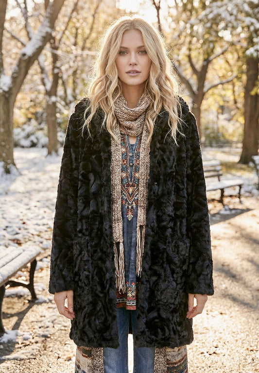 Johnny Was XL Black Rose Faux Fur Coat Jacket Wrap Silk Lining Pockets Johnny Was