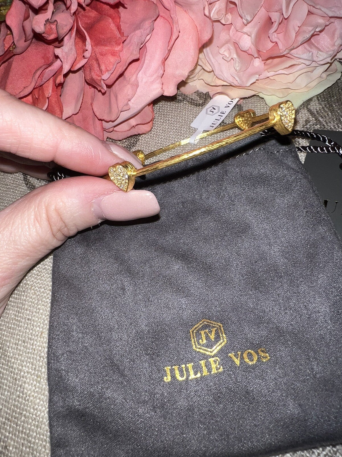 Julie Vos Clear CZ Four Station Pave Heart Bangle Bracelet 24k Plated Julie Vos