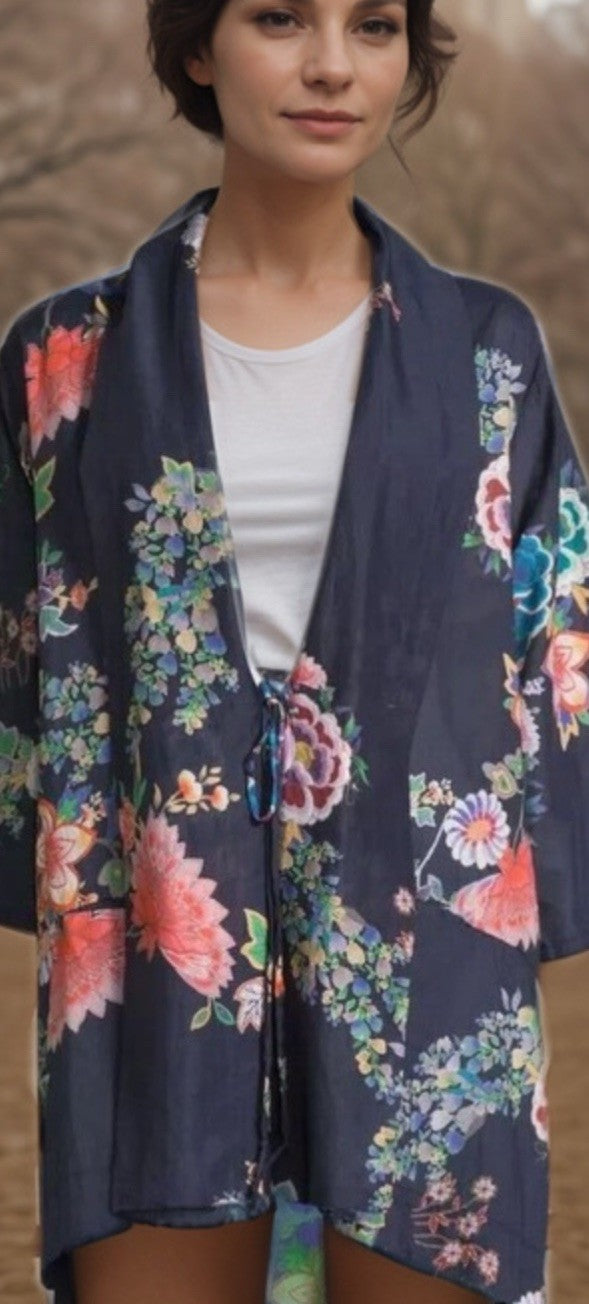 Johnny Was M Silky Kimono Top BOHO Lightweight Cool Florals Jacket Cardigan READ Johnny Was