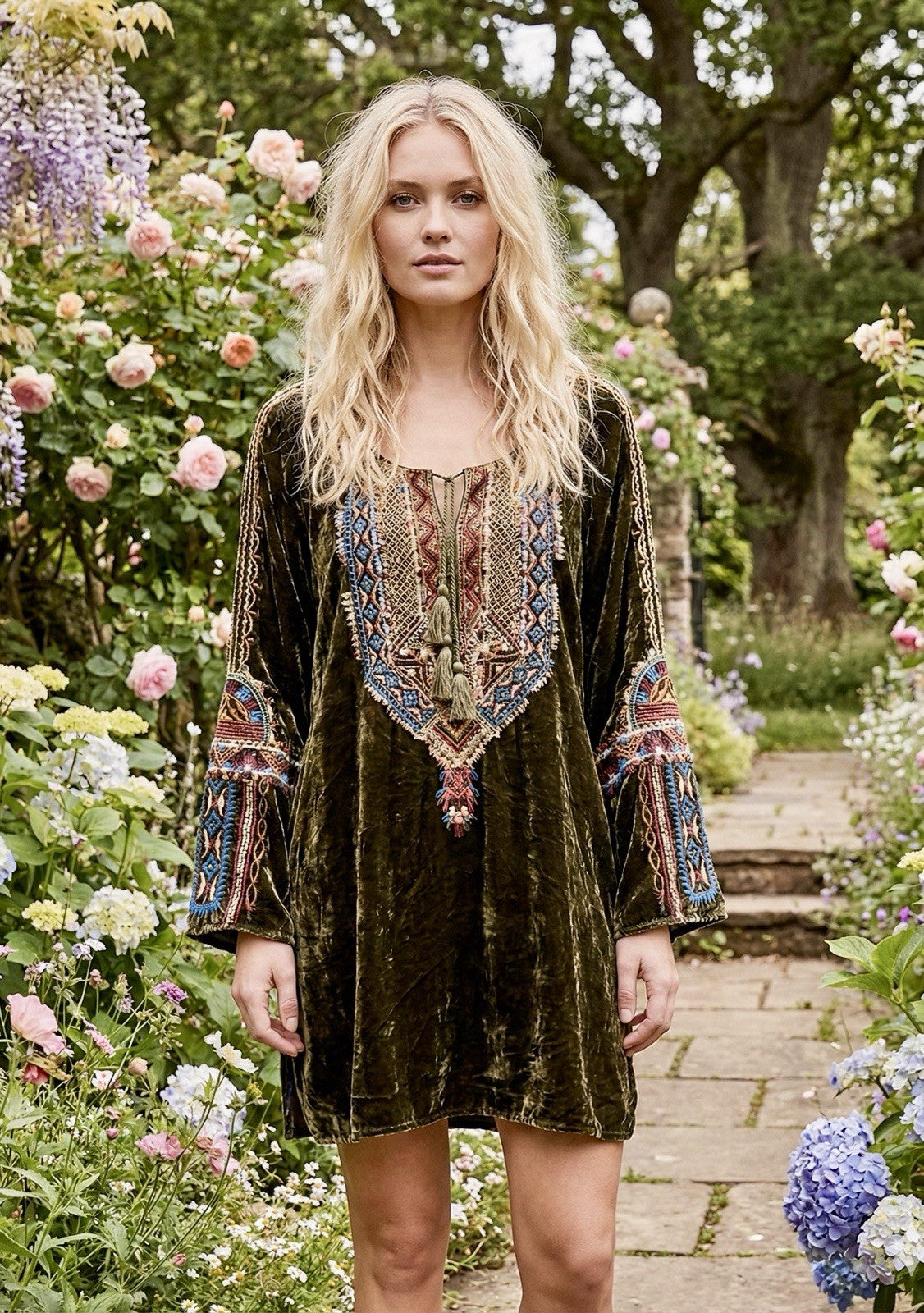 Johnny Was XL Olive Brown Velvet Peasant Blouse Embroidered Tunic Top Mini Dress Johnny Was