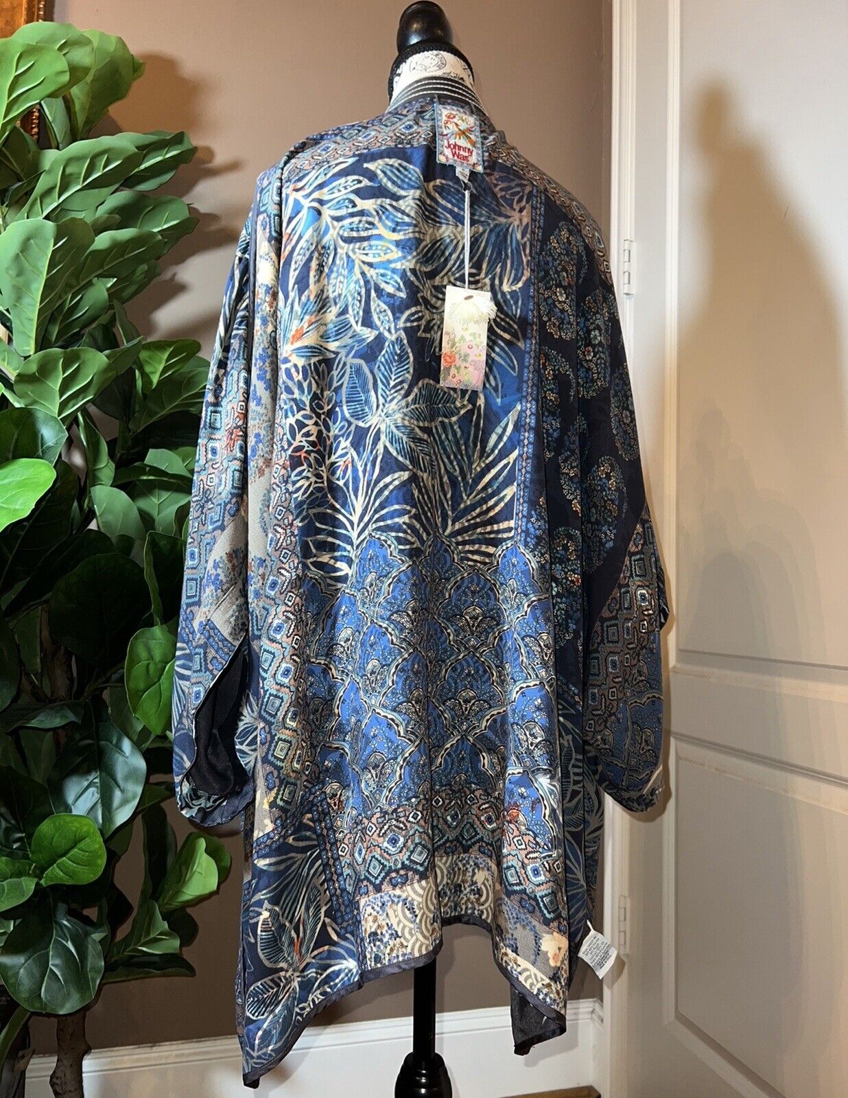 Johnny Was XXL Kimono Duster REVERSIBLE Wrap Cardigan Jacket Dragon Blues