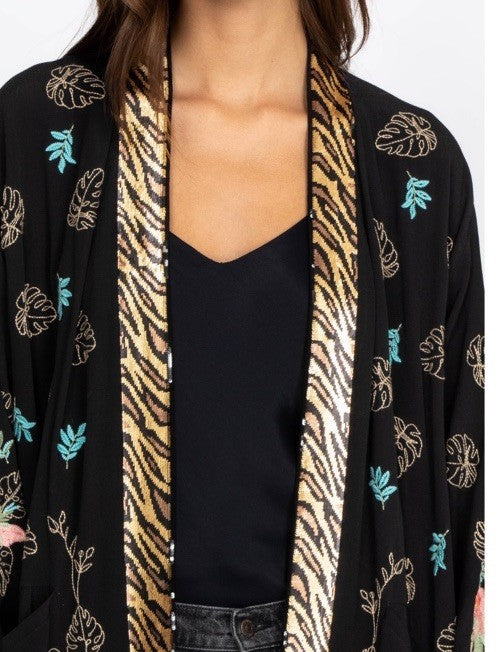 Johnny Was $490 L Large Black & Gold Sequin Kimono Jacket Tiger Silk Lined Johnny Was