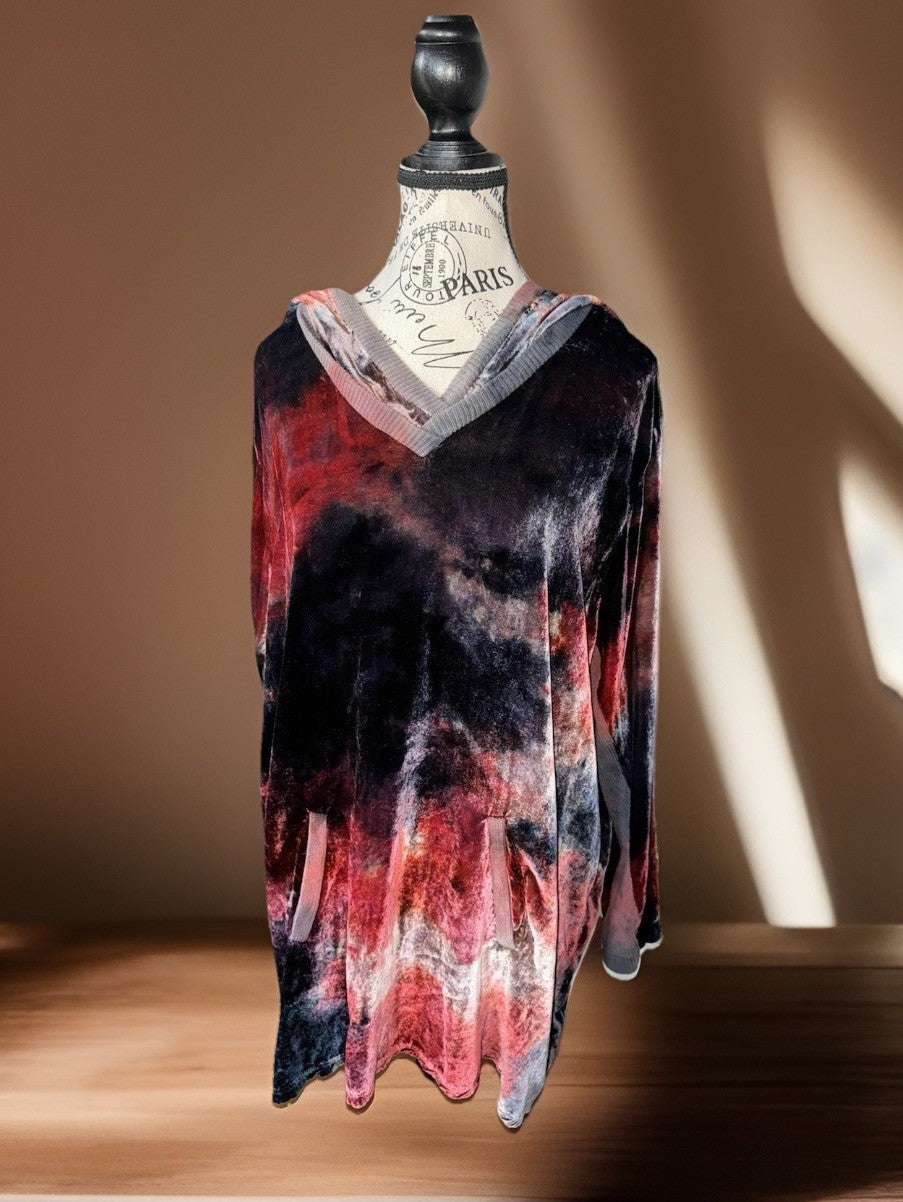 Johnny Was L Large Black & Red Velvet Hoodie Pullover Sweatshirt Tunic Top WARM Johnny Was