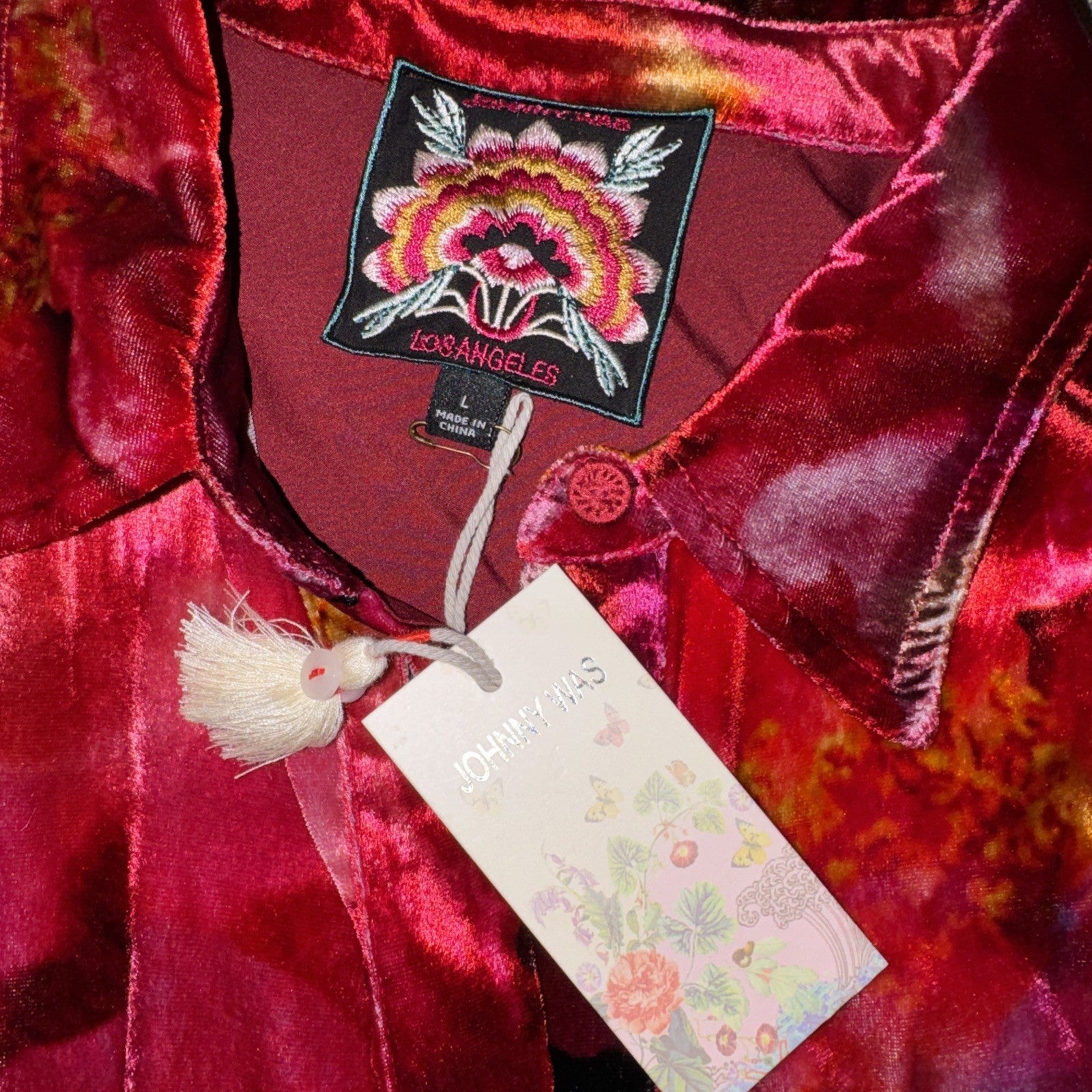 Johnny Was L Large Velvet Button Up Shirt Blouse Top Red Pink & Black Johnny Was