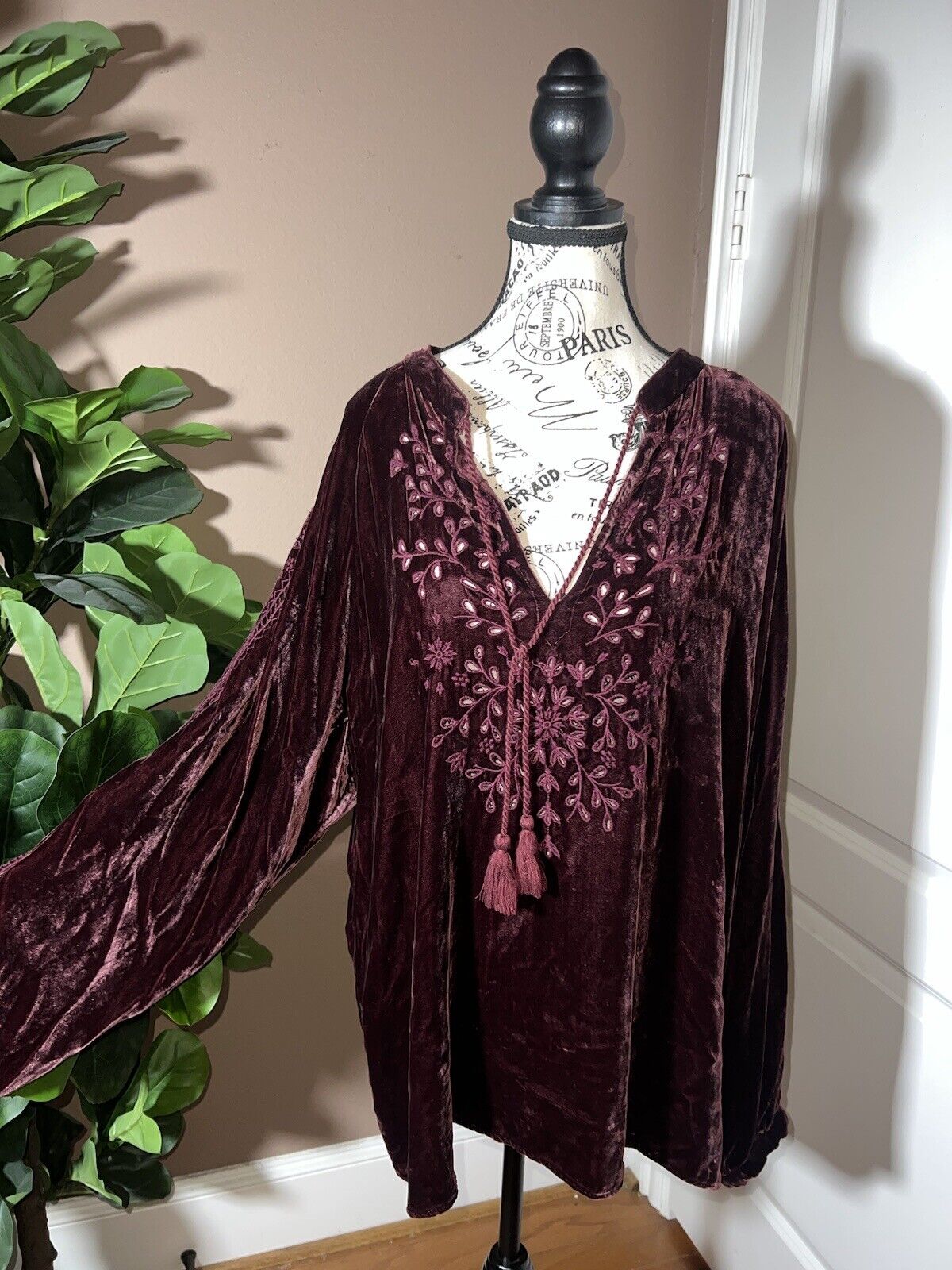 Johnny Was Burgandy Wine Velvet & Embroidered Tunic Top Kimono XL 1X 1XL