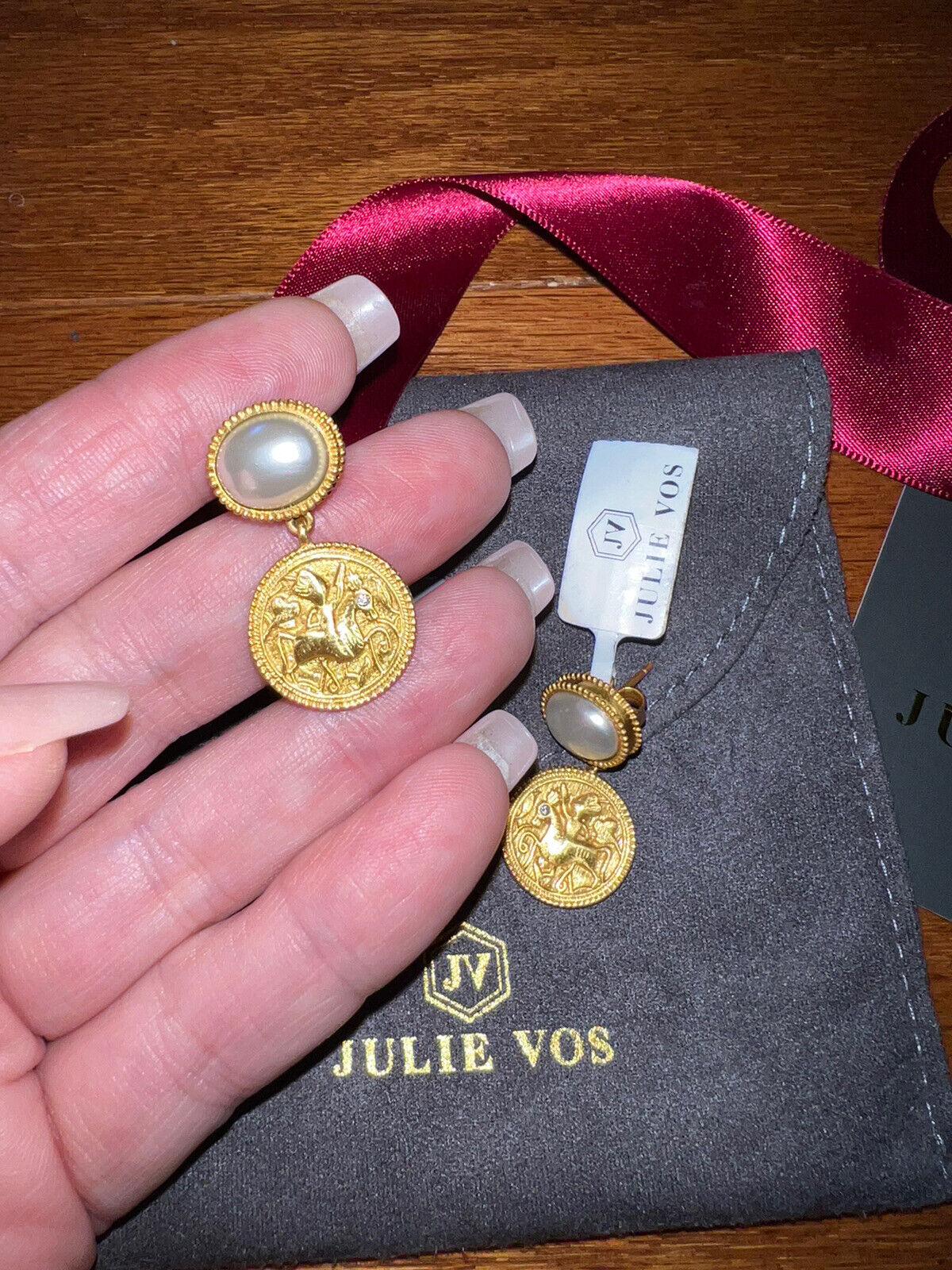 NEW Julie Vos Pearl & 24k Plated Coin Medallion Earrings GORGEOUS