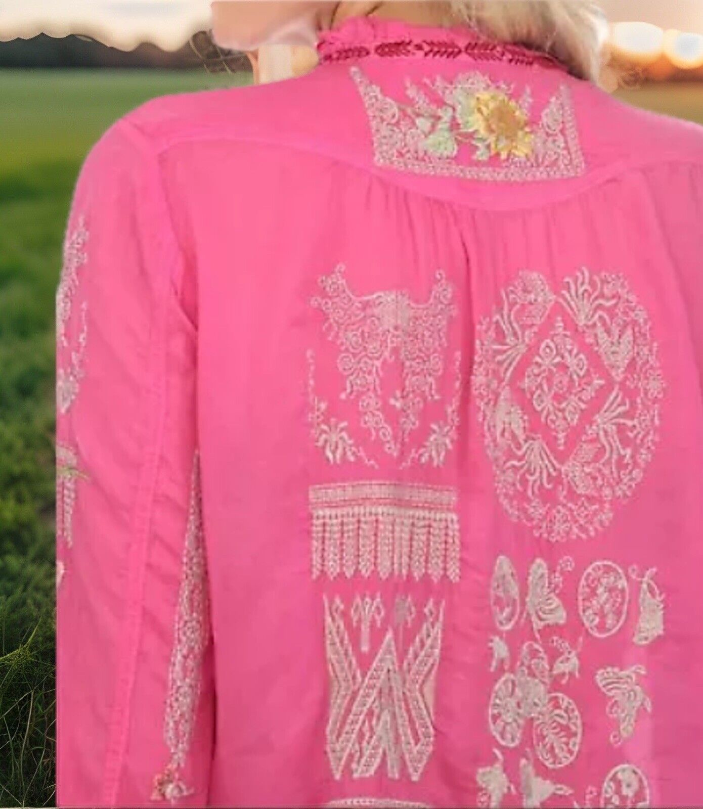 Johnny Was XXL 2X Tunic Top Pink Blouse Embroidered W/ Scalloped Hem Shirt